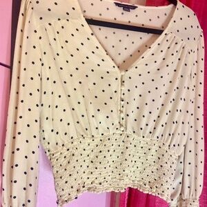 American Eagle Women’s Long Sleeve White Black Polka Dot Design Blouse Top